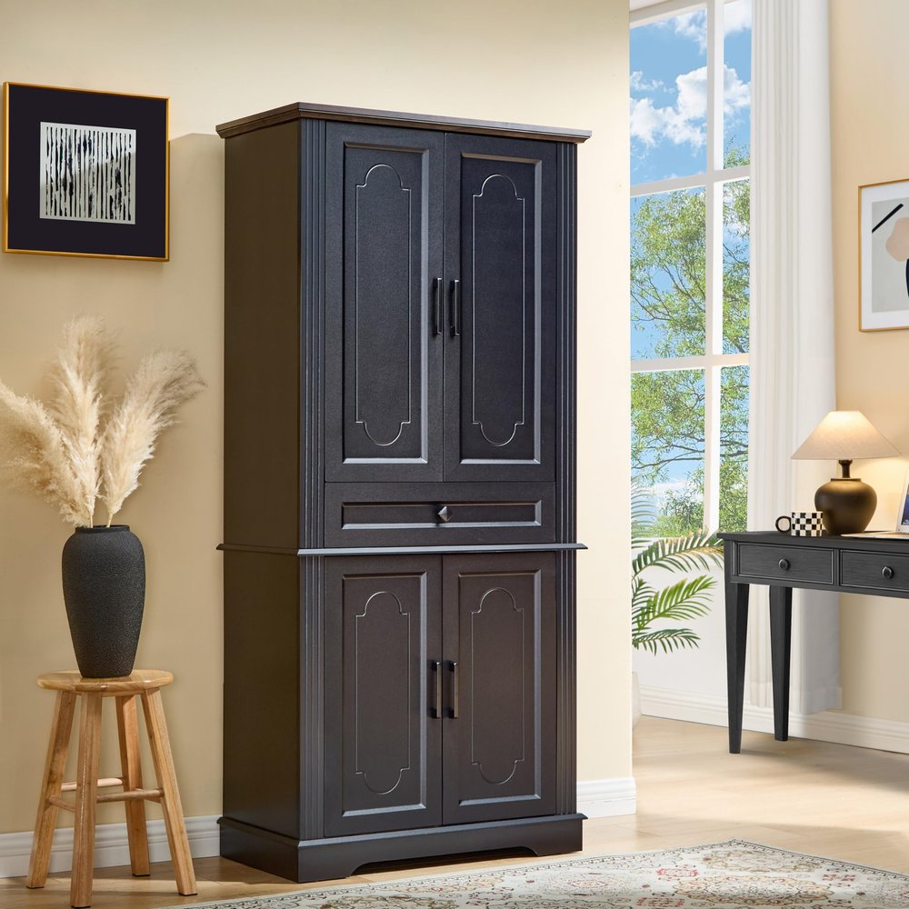 71" Black Tall Pantry Cabinet with Drawer and Adjustable Shelves, Modern Storage Cabinet with Doors, Kitchen Buffet Cabinet, Food Pantry Storage Cabinet, Coffee Bar, Living Room and Dining Room