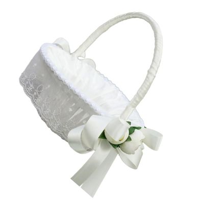 White Flower Girl Basket for Wedding Ceremony and Party Decor