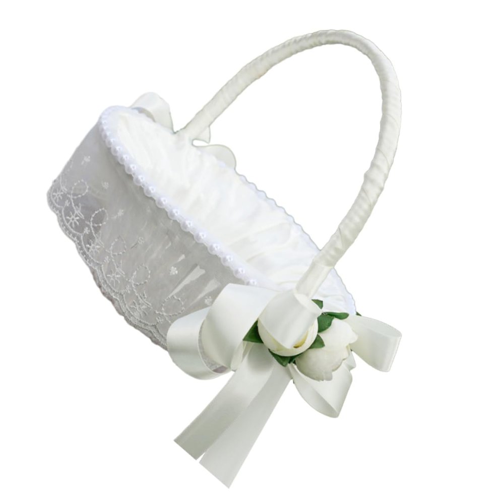 White Flower Girl Basket for Wedding Ceremony and Party Decor
