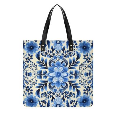 Blue Folk Art Tote Bag for Women, Large PU Leather Handbag, Reusable Shopping Bag for Work, Travel, Beach