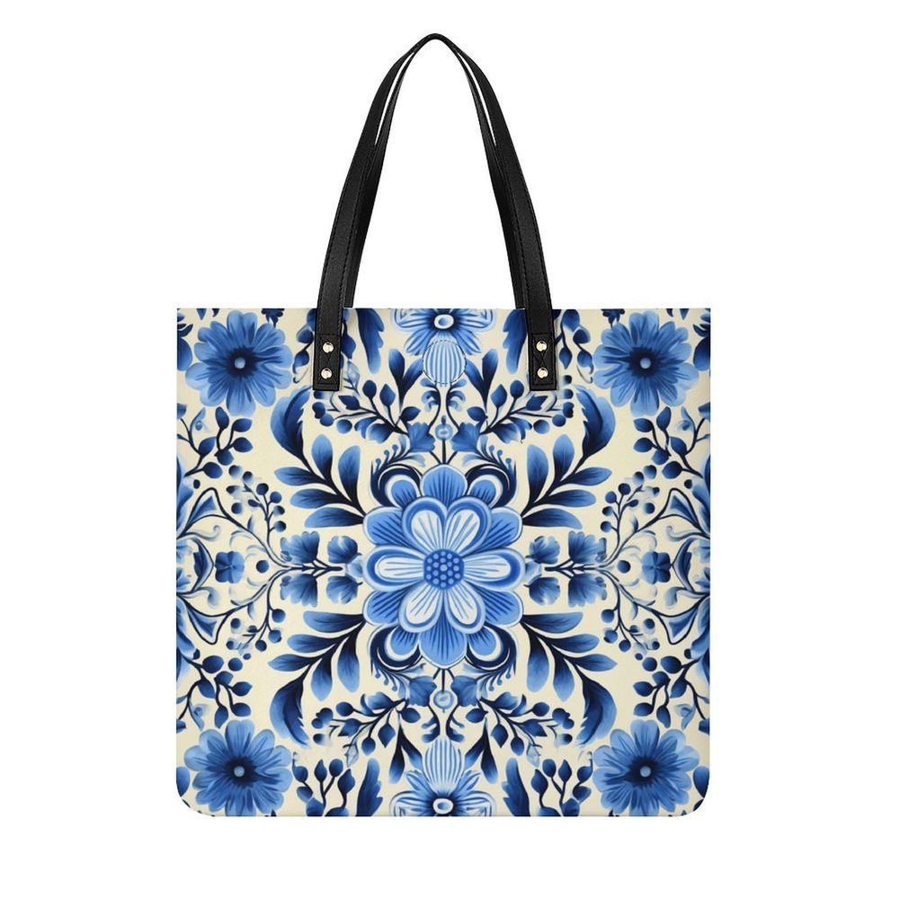 Blue Folk Art Tote Bag for Women, Large PU Leather Handbag, Reusable Shopping Bag for Work, Travel, Beach