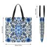 Blue Folk Art Tote Bag for Women, Large PU Leather Handbag, Reusable Shopping Bag for Work, Travel, Beach view 2