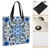 Blue Folk Art Tote Bag for Women, Large PU Leather Handbag, Reusable Shopping Bag for Work, Travel, Beach view 3