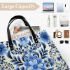 Blue Folk Art Tote Bag for Women, Large PU Leather Handbag, Reusable Shopping Bag for Work, Travel, Beach view 4
