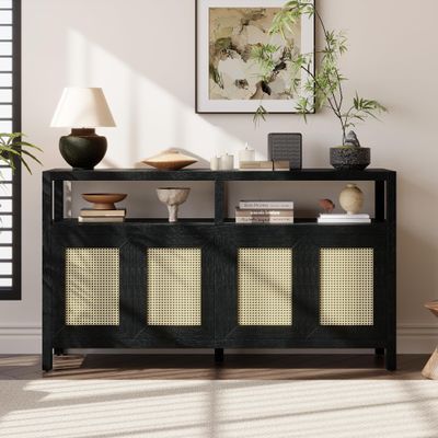 Elegant Black Bohemian Style Rattan Buffet Storage Cabinet - Solid Wood Structure, 3-Position Adjustable Shelves, Perfect for Contemporary Living & Dining Spaces, Easy No-Handle Push-to-Open!