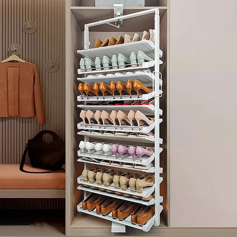 CUXAHO Shoe Rack in Cabinet,Rotating Pull-Out Organizer Adjustable Height 360 Spinning Shoe Storage Shelf for Entryway(White,53CM/21IN_5-Tier)