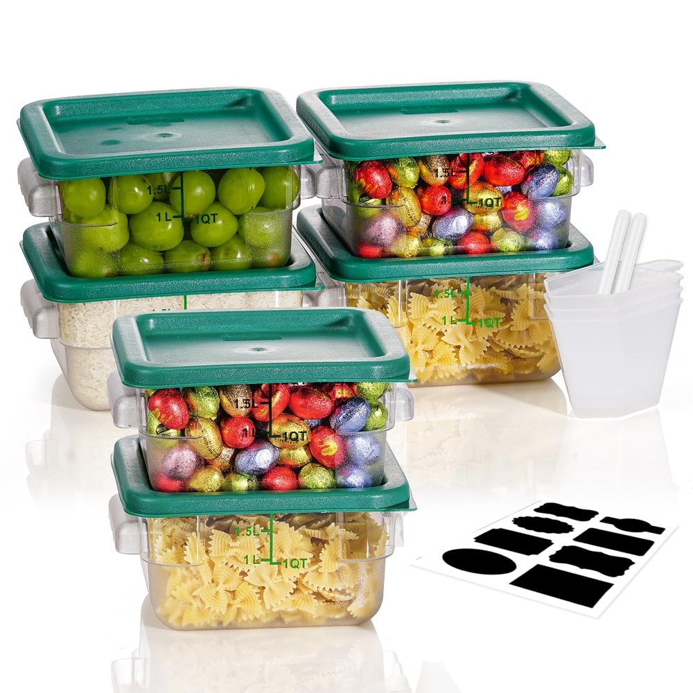 2QT NSF Food Storage Containers: 6 PCS [Food Grade][Hot&Cold Resistant] Commercial Clear Square Food Storage Containers with Scales Handles for Home Restaurant Kitchen Proof Dough(BPA FREE-GREEN N2)
