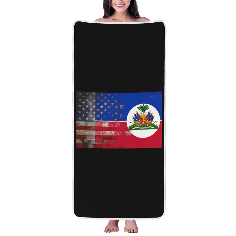 AHUNARLOP Retro American Haitian Flag Bath Towel - Quick Drying - Microfiber Coral Velvet Highly Absorbent Towels - Use as Bath Fitness, Bathroom, Shower, Sports, Yoga Towel (White)