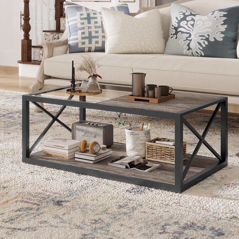 39" Modern Glass Wood Coffee Table, Functional Storage Table for Living Room Decor, Tempered Glass Top and MDF Frame for Stylish Interiors, Brown(Product K)