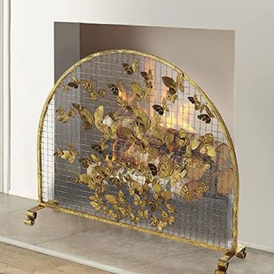 Arched Fire Screen with Butterfly Decor - Sturdy Spark Guard for Fireplace Safety, Handcrafted Wrought Iron, Perfect for Pets & Nurseries, Height 90cm (35")