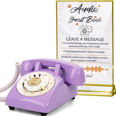 FiayaCom Audio Guest Book Wedding Phone,32GB Memory Customized Audio Messages, Volume Adjustable, with Message Replay Feature, Suitable for All Kinds of Party(Purple+Sign)