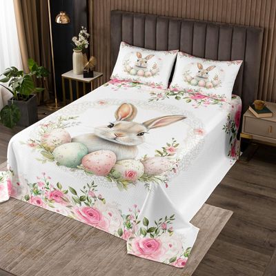 Manfei Rabbit Kids Bedspread Queen Size,Rose Egg Flower Floral Coverlet Set,Girls Boys Room Decor,Cute Dreamy Fairy Quilted Coverlet,Pink Green Bedding Quilt,2 Pillowcases