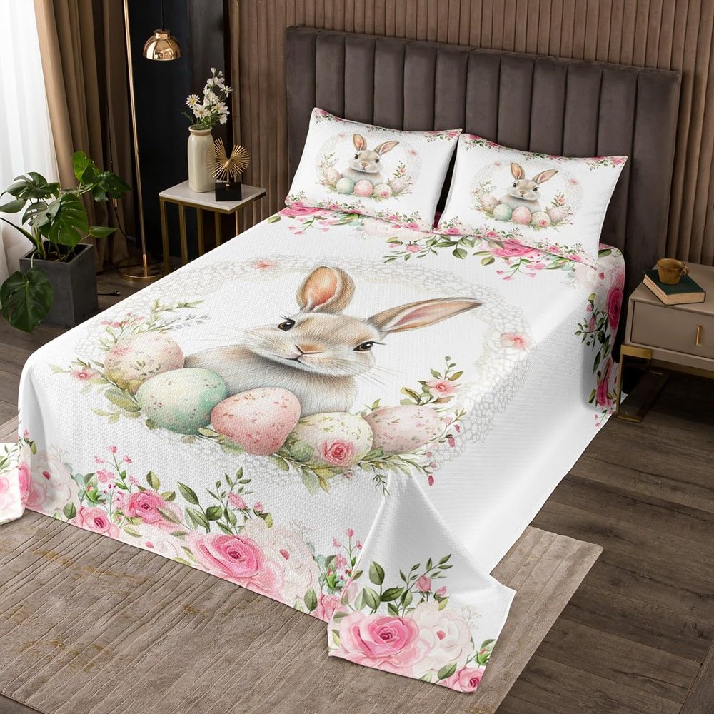 Manfei Rabbit Kids Bedspread Queen Size,Rose Egg Flower Floral Coverlet Set,Girls Boys Room Decor,Cute Dreamy Fairy Quilted Coverlet,Pink Green Bedding Quilt,2 Pillowcases