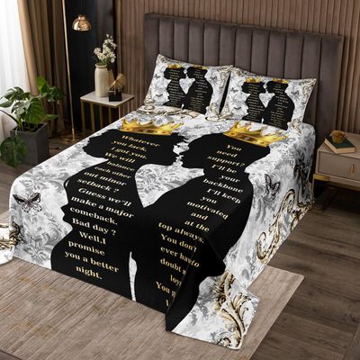 Black African Woman Kids Bedspread Twin Size,Crown Couple Butterfly Romantic Coverlet Set,Girls Boys Room Decor,Baroque Floral Vintage Quilted Coverlet,Golden Black Grey Bedding Quilt,1 Pillowcase