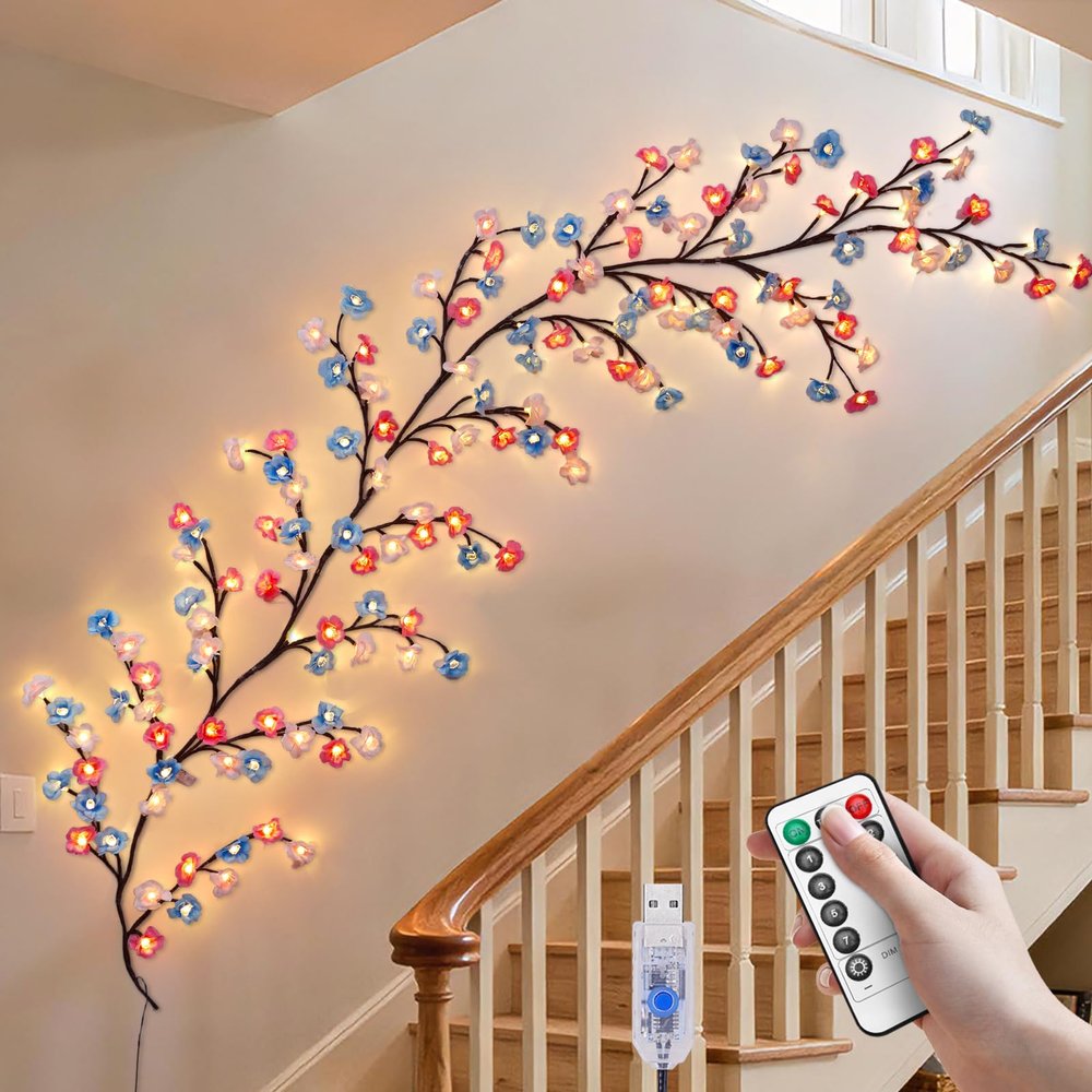 FIALAME 7.55 FT 144 LED Cherry Blossom Tree Branch Lights for Wall,8 Modes Artificial Pink Cherry Blossom Garland with Remote and Timer,Willow Vine Lights (144 LED Three-Color Cherry Blossom)
