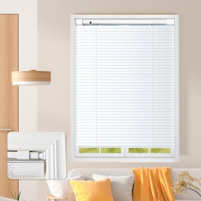 AURILOFT No Tools No Drill Cordless Mini Blinds, 1" L-Shaped Slats Light Filtering Shades, Horizontal Vinyl Blinds for Indoor Windows, White,45.5" Wx 64" H
