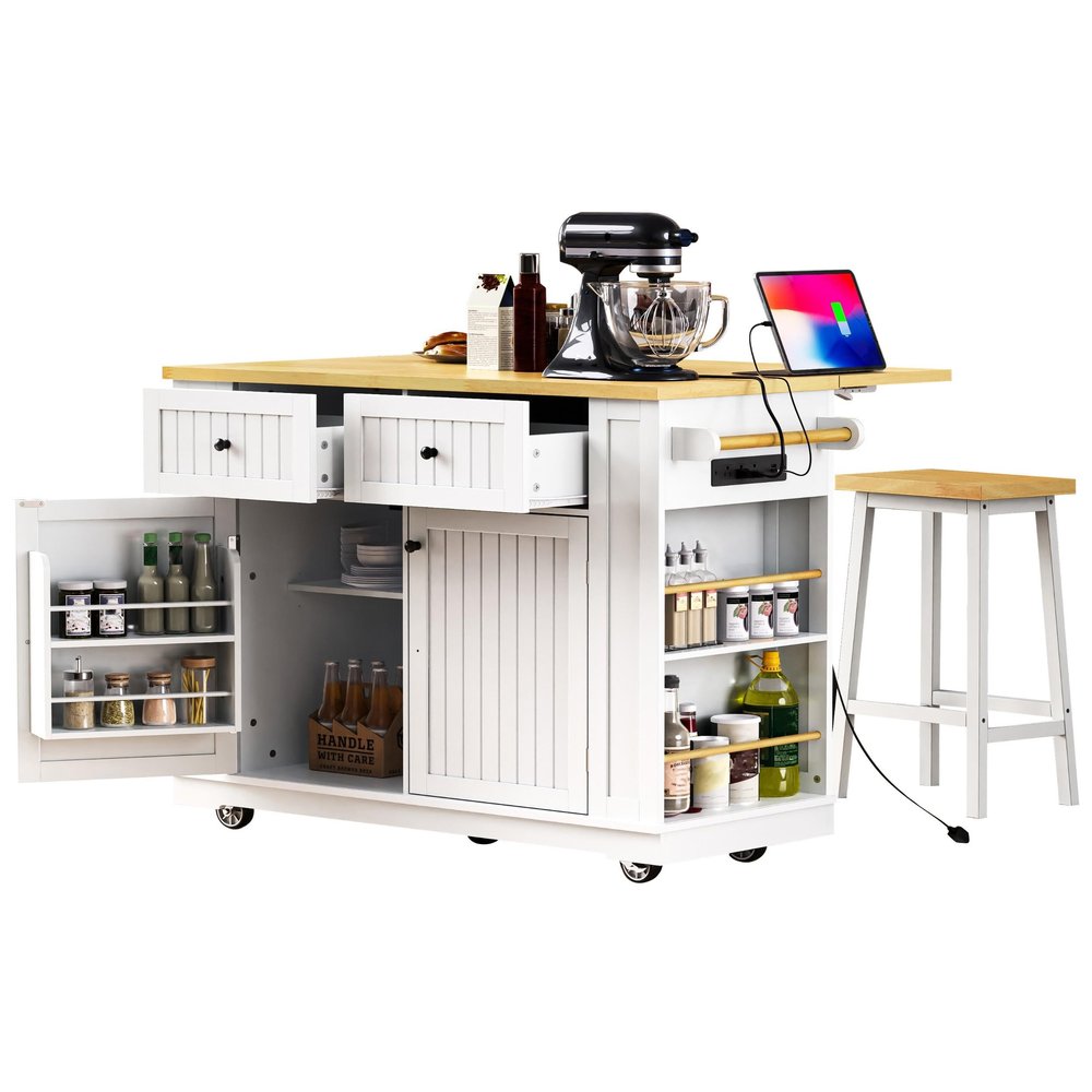 Vinsetto 48" Kitchen Island Cart with Drop Leaf Power Outlet 5 Wheels White