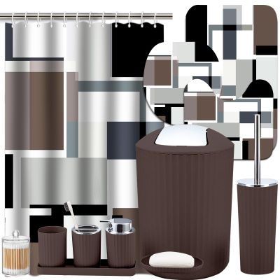 Lnond Brown Bathroom Set, 24 Piece Brown Black White Bathroom Decor Set with with Shower Curtain and Rugs, Trash Can, Toilet Brush Holder Set & Soap Dispenser