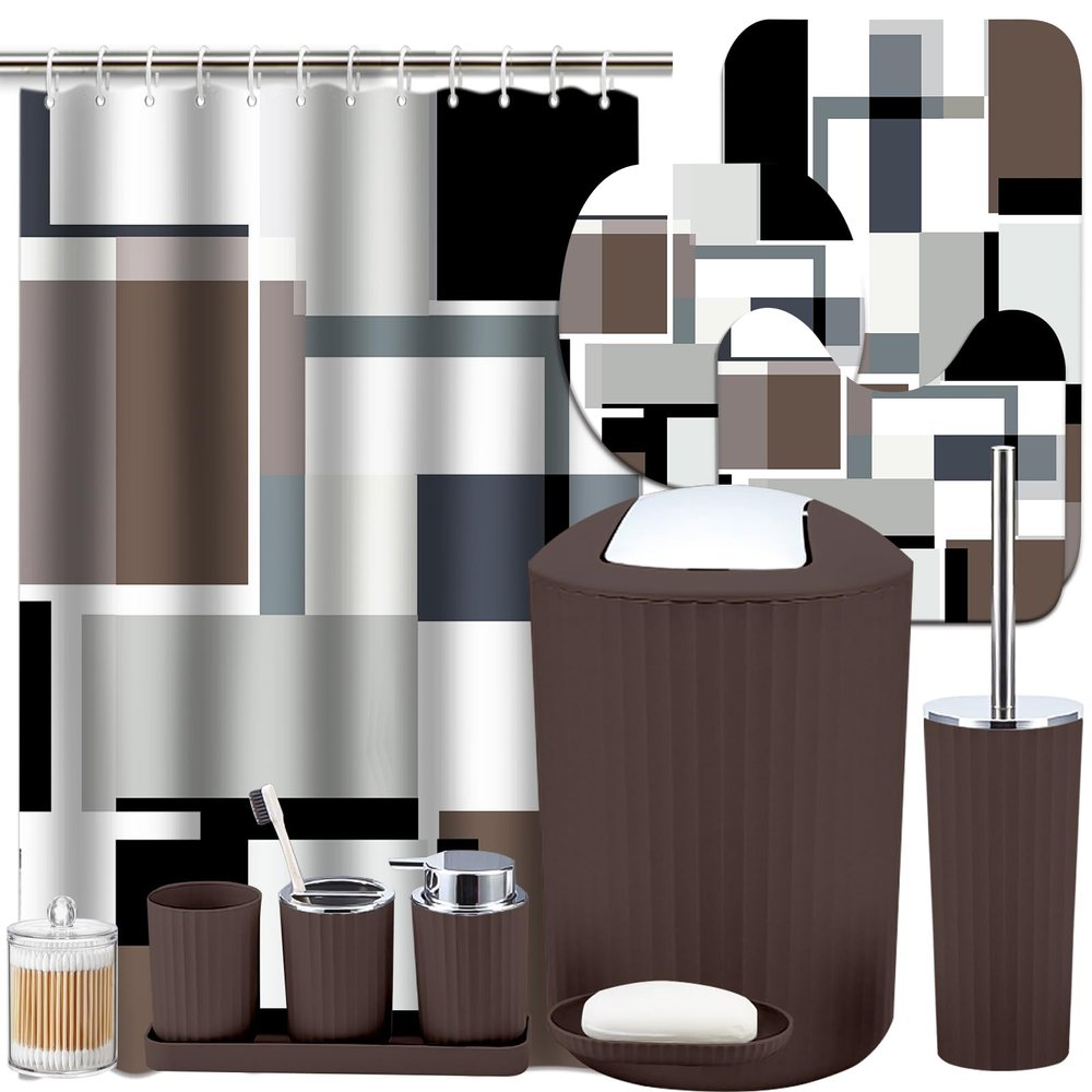 Lnond Brown Bathroom Set, 24 Piece Brown Black White Bathroom Decor Set with with Shower Curtain and Rugs, Trash Can, Toilet Brush Holder Set & Soap Dispenser
