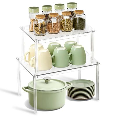 BOMOKS Clear Kitchen Cabinet Organizer, Set of 2 Stackable Spice Rack, Acrylic Shelves for Pantry Organizers and Storage, Tiered Spice Organization for Cabinet, Shelf Organizer for Desk Countertop