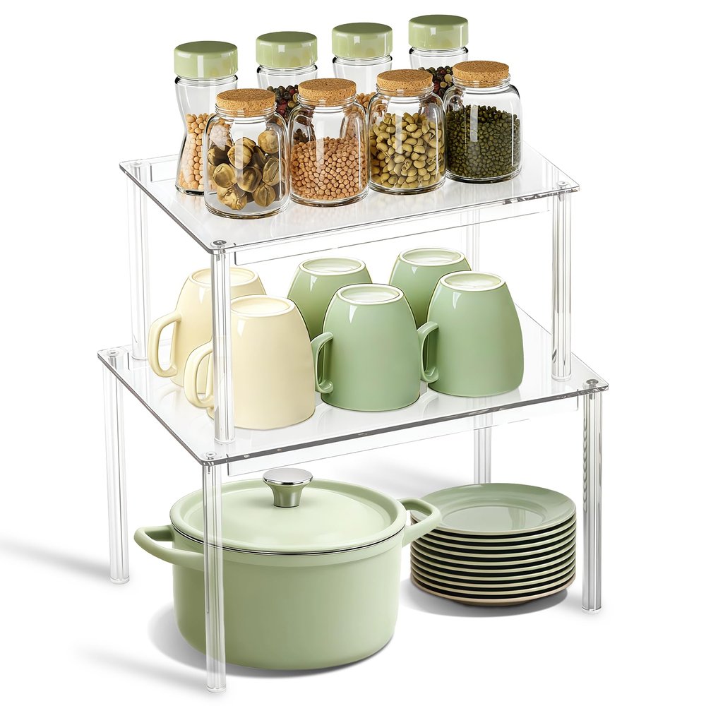 BOMOKS Clear Kitchen Cabinet Organizer, Set of 2 Stackable Spice Rack, Acrylic Shelves for Pantry Organizers and Storage, Tiered Spice Organization for Cabinet, Shelf Organizer for Desk Countertop