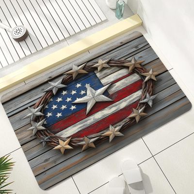 4th Of July Bathroom Mat Absorbent, Vintage Patriotic Star Diatomaceous Earth Bath Mat 24"x36", Memorial Day Ornament Floor Mat Non Slip Quick Dry Washable Small Shower Rug for Toilet Bathtub Kitchen