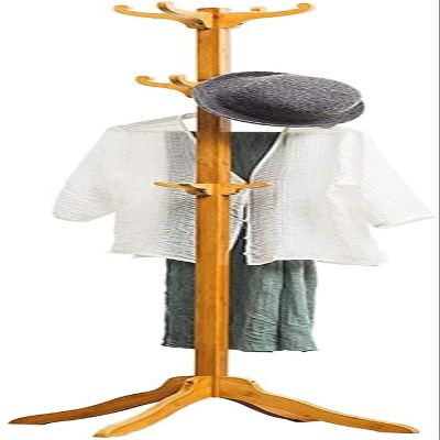 Bamboo Floor Coat Rack, Standing Clothes Hanger for Bedroom, Living Room Office, Multi-functional Hook Organizer