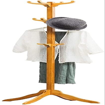 Bamboo Floor Coat Rack, Standing Clothes Hanger for Bedroom, Living Room Office, Multi-functional Hook Organizer