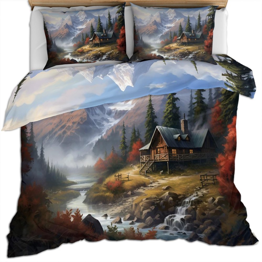 RUHEYIA Autumn Maple Trees Duvet Cover Twin Mountain Cabins Bedding Set Natural Landscape 3 Piece Bedding Set with Zipper Closure All Season Duvet Cover for Child Girls Boys