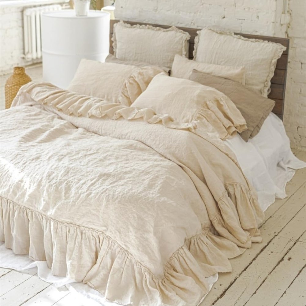 100% European Flax Linen Long Ruffle Duvet Cover, French Linen Bedding Set Shabby Chic Linen Ruffled Duvet Cover with Extra Long Ruffles (Honey, US King)