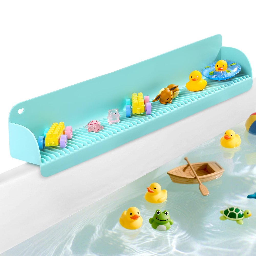 AGPTEK 24 Inch Bathtub Splash Guard with 10 Suction Cups, Silicone Tub Water Splash Guard for Bathtub, Bath Toy Tray Holder Play Shelf for Kids, Universal for Bathroom, Kitchen Sink (Green)