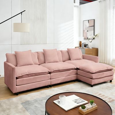 108" Modular Sectional Sofa,L Sofa Oversized Couch with Movable Ottoman Deep Seat,Soft Chenille Cloud Couches for Living Room, Apartment,Office (Pink, 3+1 L)