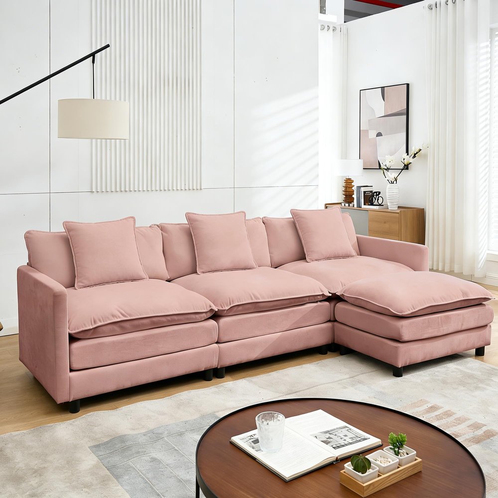 108" Modular Sectional Sofa,L Sofa Oversized Couch with Movable Ottoman Deep Seat,Soft Chenille Cloud Couches for Living Room, Apartment,Office (Pink, 3+1 L)