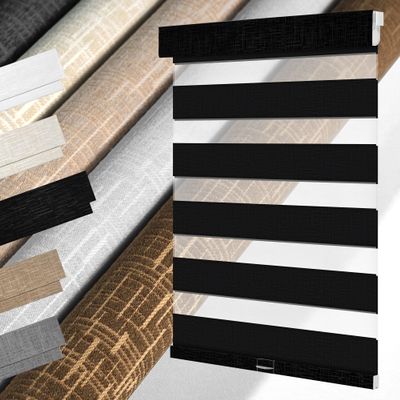 MoDanCeQ No Drill No Tools Zebra Blinds for Windows,Linen Fabric Cordless Zebra Shades,Custom Double-Layer Window Blinds,Easy to Install Roller Shades, Black, 32" W x 36" H
