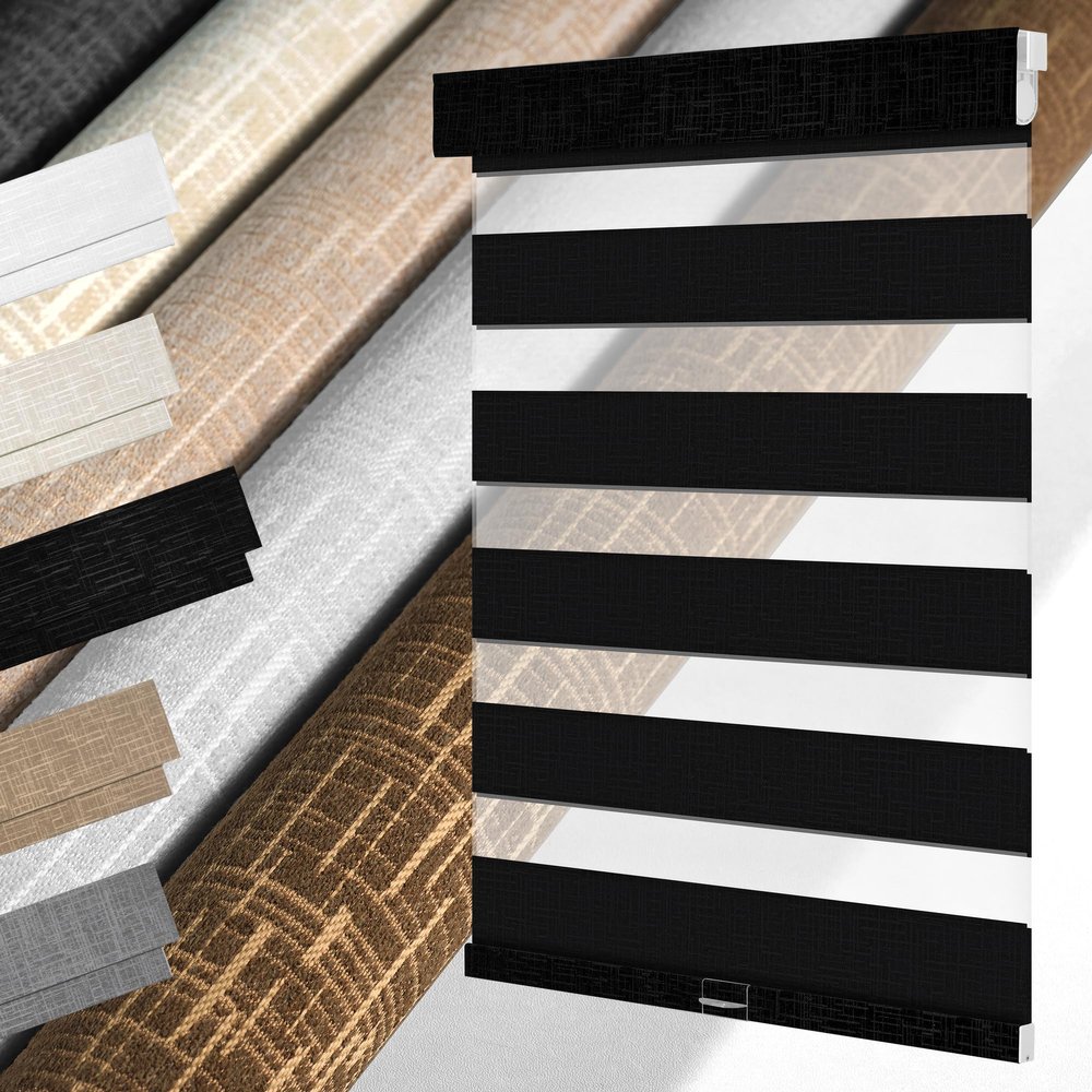 MoDanCeQ No Drill No Tools Zebra Blinds for Windows,Linen Fabric Cordless Zebra Shades,Custom Double-Layer Window Blinds,Easy to Install Roller Shades, Black, 32" W x 36" H