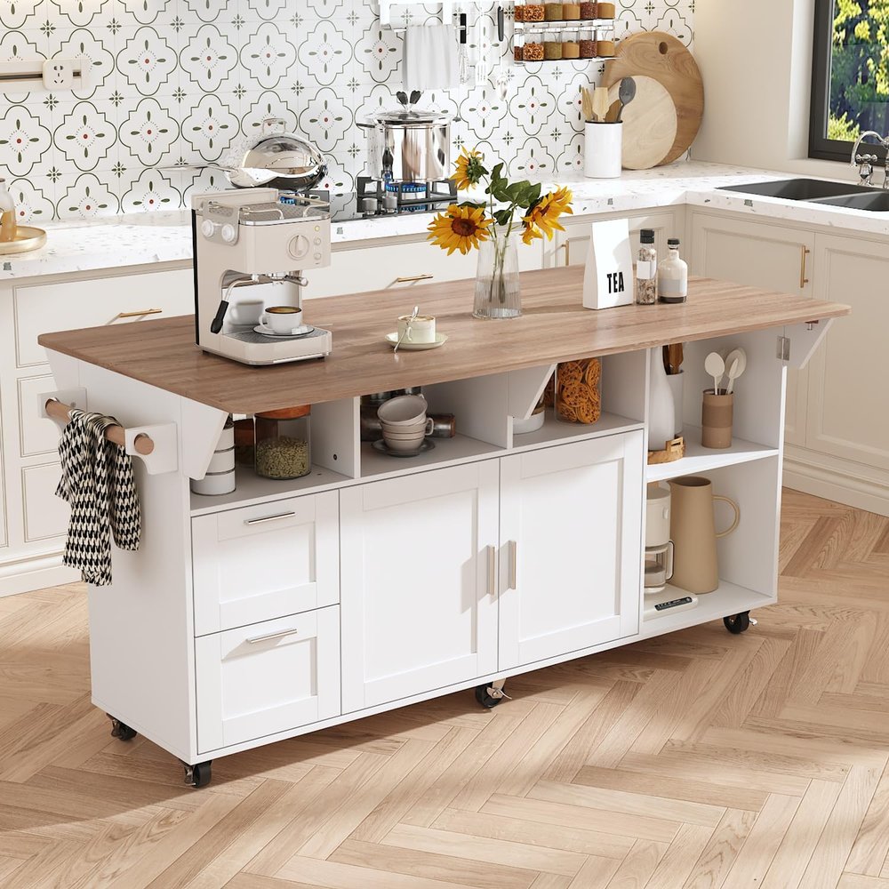 ROMSHINE 63" Kitchen Island Cart with Folding Drop Leaf, Rolling Island Table with Adjustable Shelves, Towel Racks & Drawers, Kitchen Island Cart on Wheels