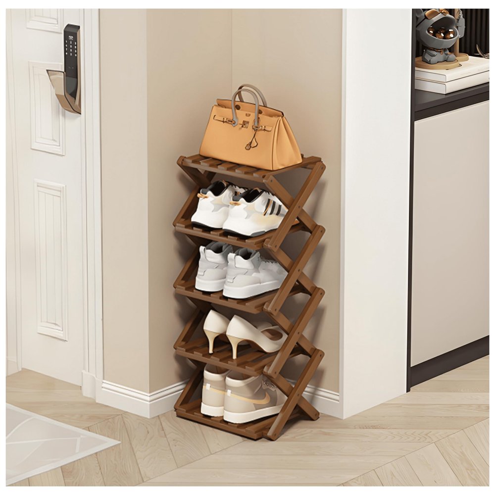 5-Tier Bamboo Shoe Rack - Foldable Shoe Organizer for Entryway, Hallway, Closet - Space Saving Shoe Storage Shelf - Brown