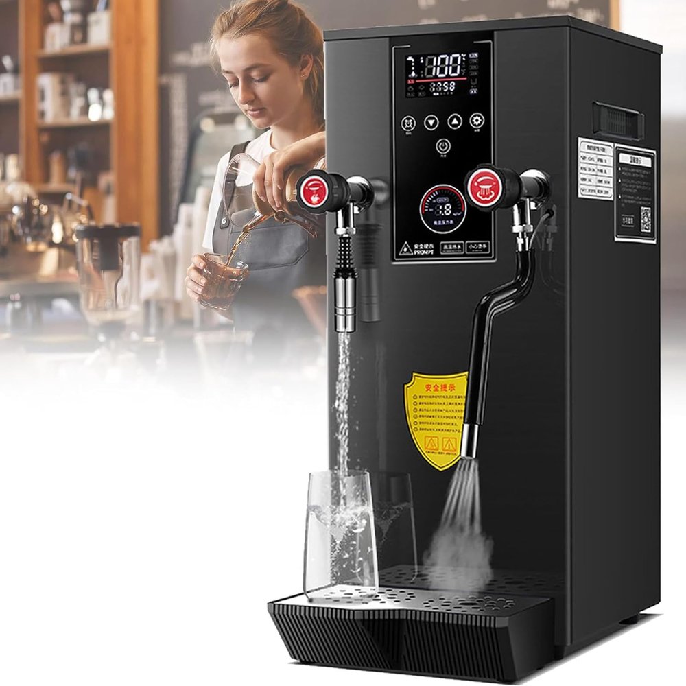 2500W Commercial Multi-Purpose Milk Frother,20L Full-Automatic Steam Boiling Water Frothing Machine, with 2 Lcd Temperature Display, for Coffee Tea Dessert Shop Black