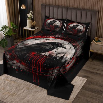 Erosebridal Gothic Crow Queen Quilt Set Black Raven Coverlet Set for Kids Teens Adult Halloween Bird Bedspread Sets Castle Bat Horror Theme Bed Set with 2 Pillow Cases