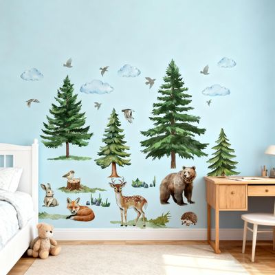 Wefaouse Mountain Tree Wall Stickers for Kids Bedroom, Large Pine Tree Wall Art with Deer, Bear, Rabbit, Fox, Wolf & Hedgehog, Wall Decals Peel and Stick Decal for Nursery Kids Room Dcor