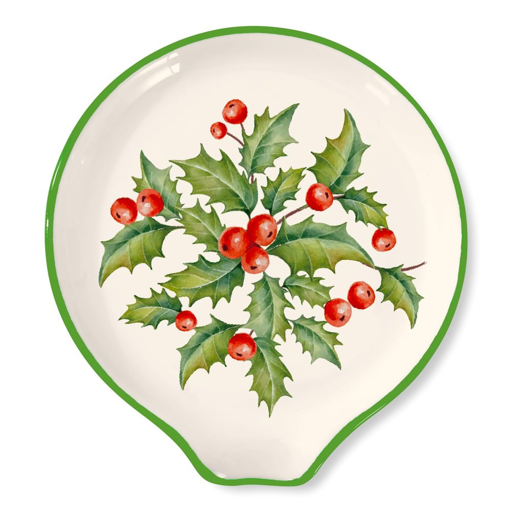 JarThenaAMCS 4.7inch Christmas Winter Spoon Rest Red Green Holly Berry Small Coffee Spoon Holder for Xmas Winter Bar Coffee Station Accessories