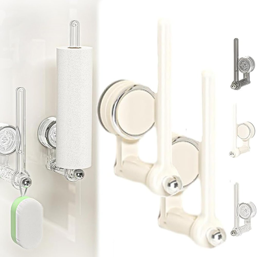 2pc Multifunctional Sucker Hanging Rod, Suction Cup Paper Towel Holder, 180Rotatable Adjustable Wall Mounted Hand Towel for Kitchen & Bathroom (milky white,29cm/11.41in)