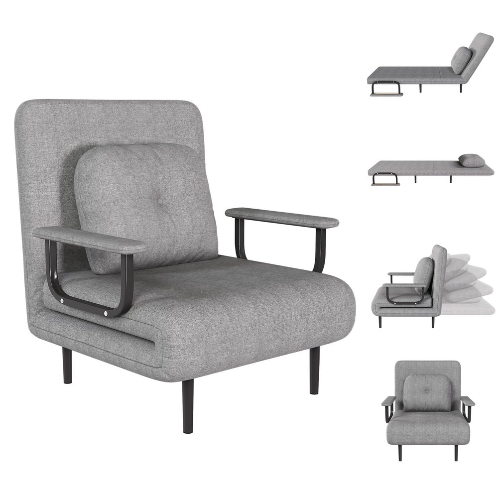 3 in 1 Convertible Sleeper Chair, Folding Futon Chair Bed Sleeper for Adults, Comfy Single Sofa Bed Chair with 5-Position Adjustable Backrest & Pillow for Small Spaces Living Room Bedroom (Grey)