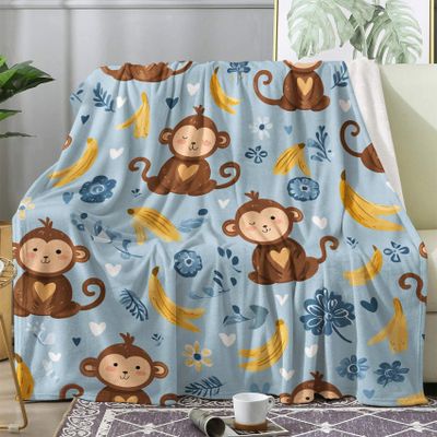 zcwl Monkey Blanket King Size, Banana Blue Fleece Throw Blanket for Couch Bed Sofa, Cartoon Animal Patterned Blankets and Throws, Super Soft Cozy Plush Flannel Blanket, 108x90, Decor & Gift