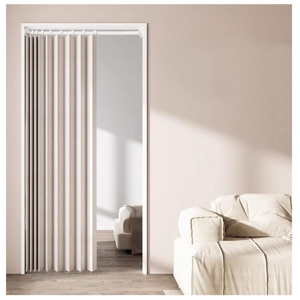 Accordion Style Door Curtains, Magnetic Folding Shower Curtains, Room Divider Curtains for Bedroom, Bathroom, Living Room, Folding Accordion Doors for Closets(Beige,W 70.9 x H 78.7in)