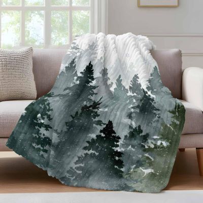 Fleece Throw Blanket Christmas Tree Winter Snowflake Striped Blankets, Reversible Microfiber Flannel Blanket Green Pine Forest Watercolor Lightweight Blankets for Couch Sofa Bed 50x60in