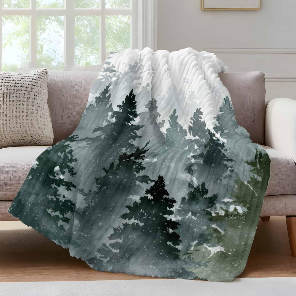 Fleece Throw Blanket Christmas Tree Winter Snowflake Striped Blankets, Reversible Microfiber Flannel Blanket Green Pine Forest Watercolor Lightweight Blankets for Couch Sofa Bed 50x60in