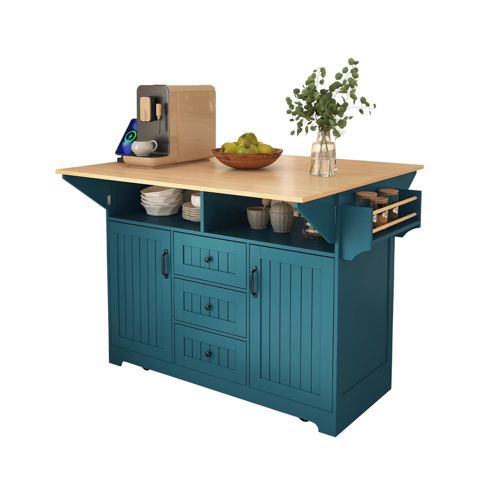 55.7" Kitchen Island with Dual Drop Leaf, Power Outlets, Hidden Wheels, 3 Drawers, Cabinets, Towel & Spice Rack, Farmhouse Rolling Cart for Kitchen and Dining Room