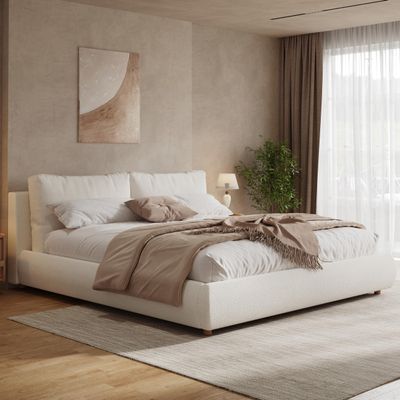 KT Rolster King Size Bed Frame with 2 Removable Pillow Headboard, Boucle Fabric Marshmallow Upholstered Platform Cloud Bed, King Soft Frame Cream Bedframe, Wood Slats Support, White Beds