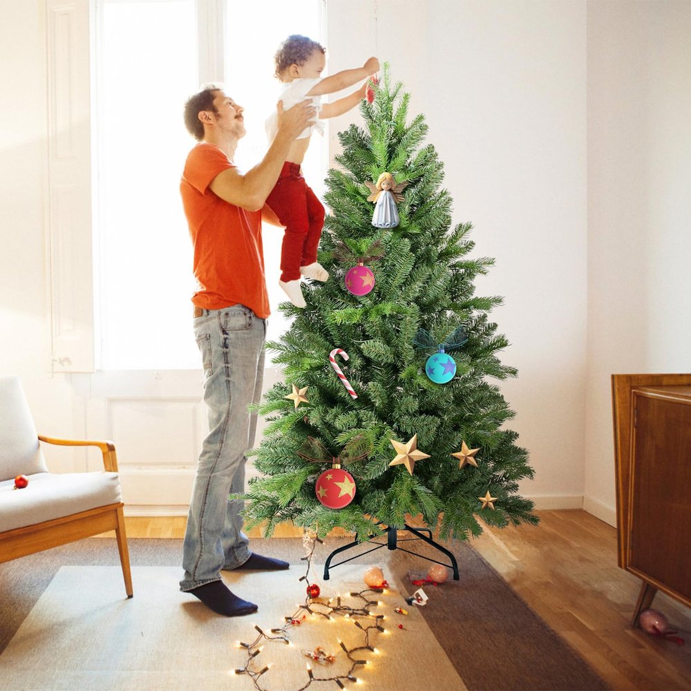Fnecan 5FT Christmas Tree with 756 PE+PVC Tips, Full-Bodied Holiday Tree with Hinged Branches, Easy Assembly, Stable Metal Stand, Classic Green Xmas Decoration